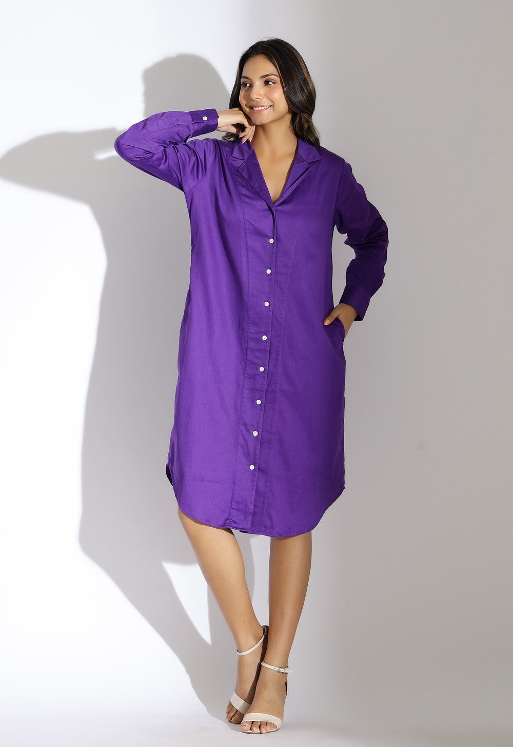 purple cotton shirt dress front 2