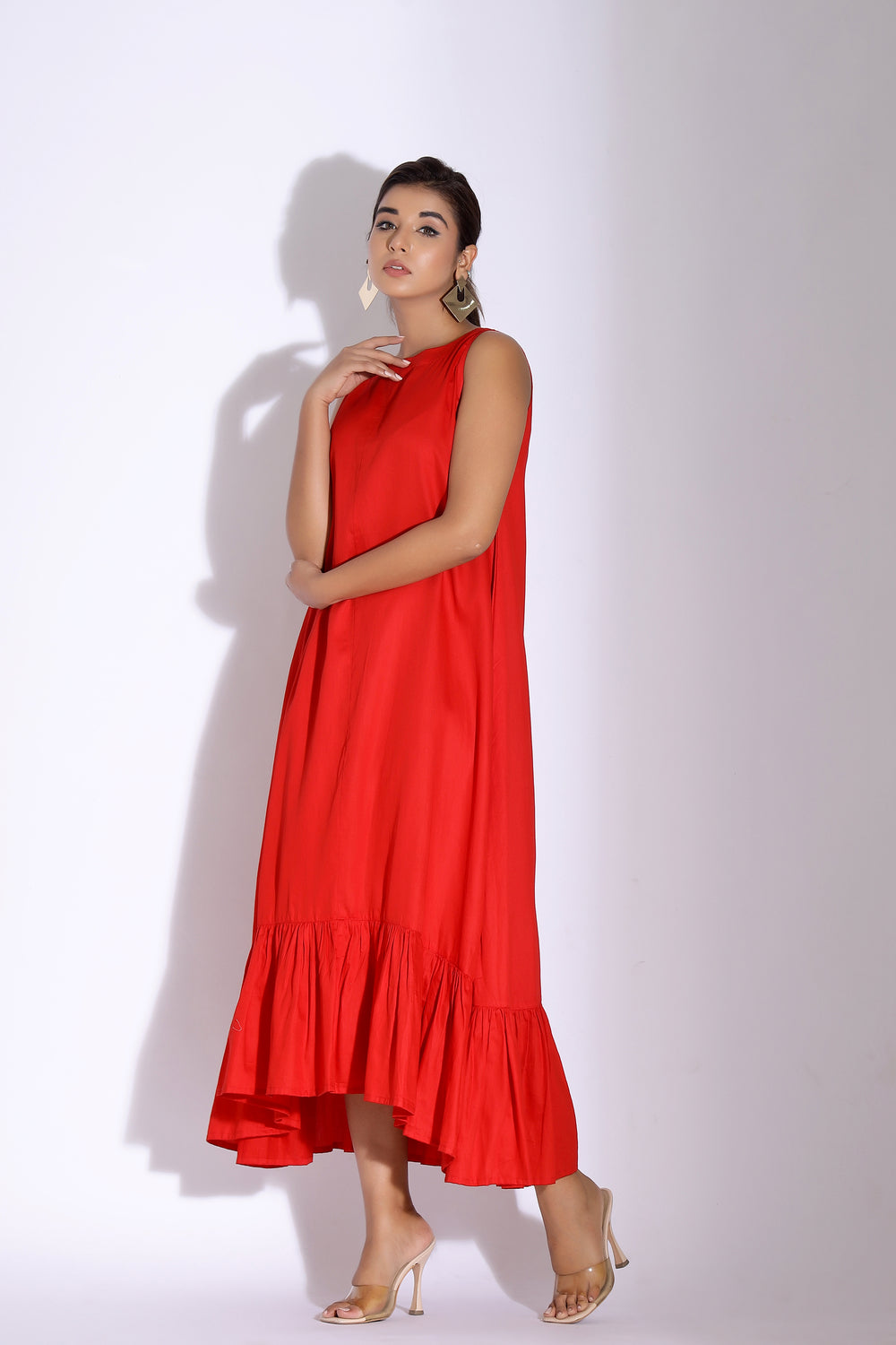 Red Ruffle Hem Cotton Dress