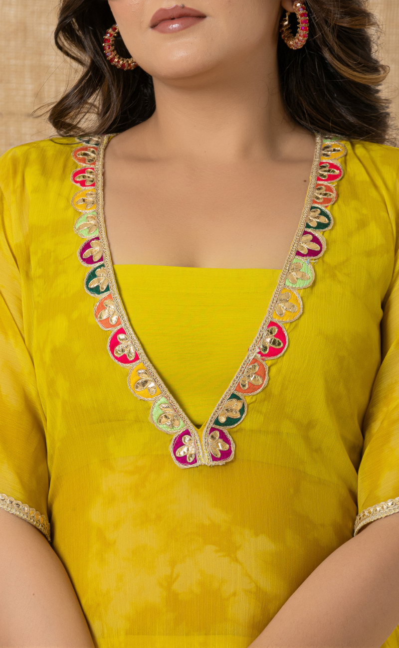 yellow Three Piece Deep V Kurta Set