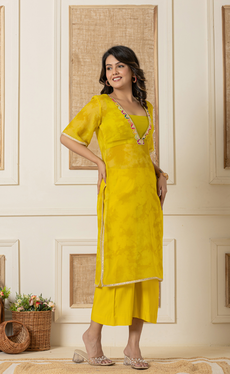 yellow three piece indo western kurta set