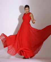 Red Cowl Neck Evening Gown